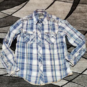 BKE SLIM-FIT PLAID PEARL SNAP-BUTTON COLOR-POP EMBROIDERED LONG-SLEEVED SHIRT
